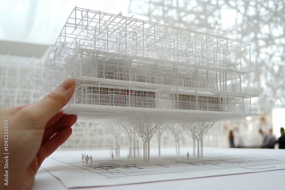 Poster A hand holds a detailed architectural model of a building supported by tree-like structures.