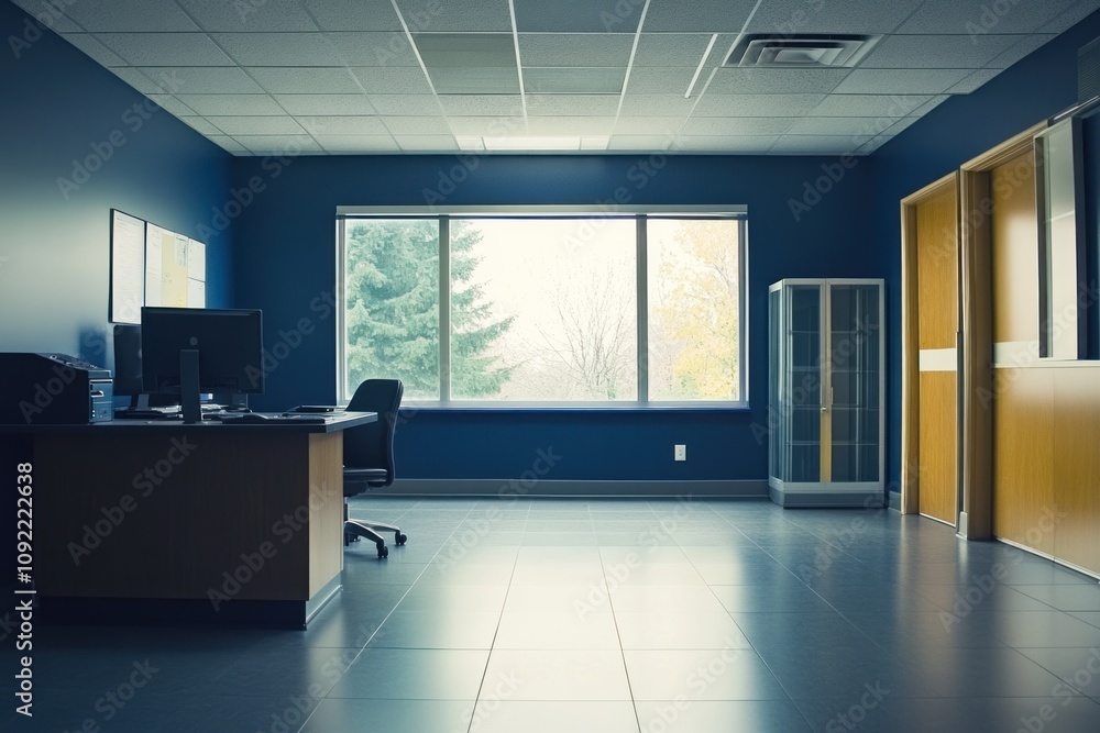Poster a quiet office space with a desk, computer, and large window overlooking trees.