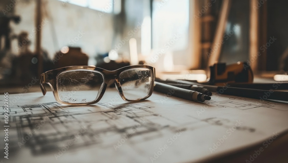 Poster glasses on a blueprint with pens, indicating design or engineering work.