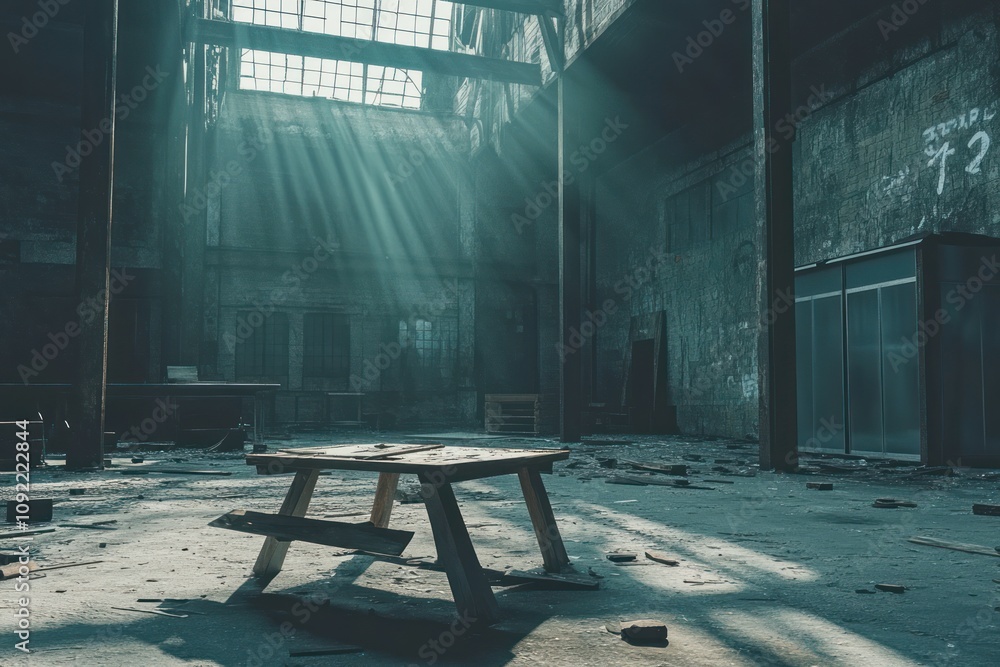 Poster An abandoned industrial space illuminated by rays of light, featuring a solitary table.
