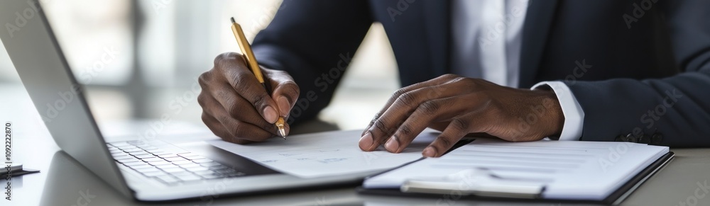 Poster a person writing notes while using a laptop in a professional setting.