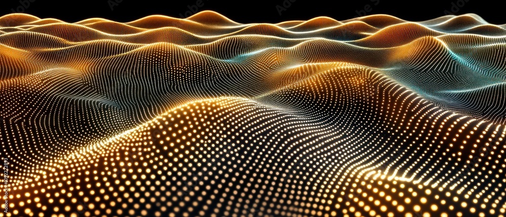 Poster abstract representation of waves with glowing dots, suggesting movement and depth.