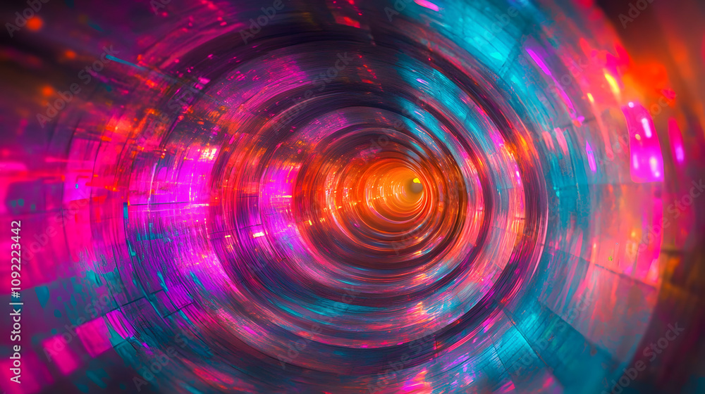 Poster a mesmerizing scene depicting an abstract flight through a retro neon hyper warp space tunnel.