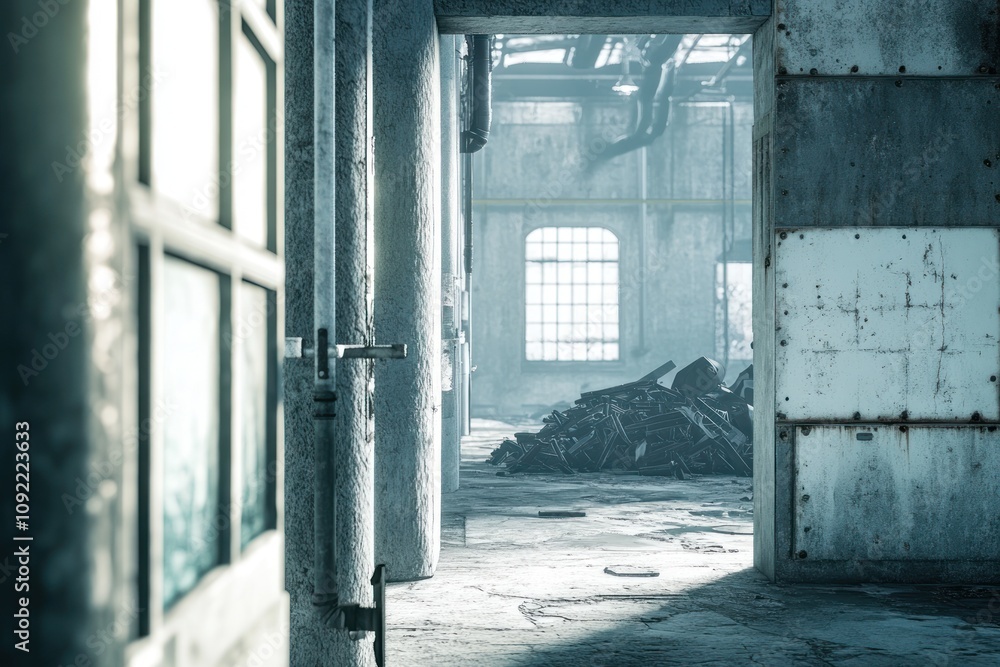 Poster An abandoned industrial space with light filtering through windows and debris in the background.