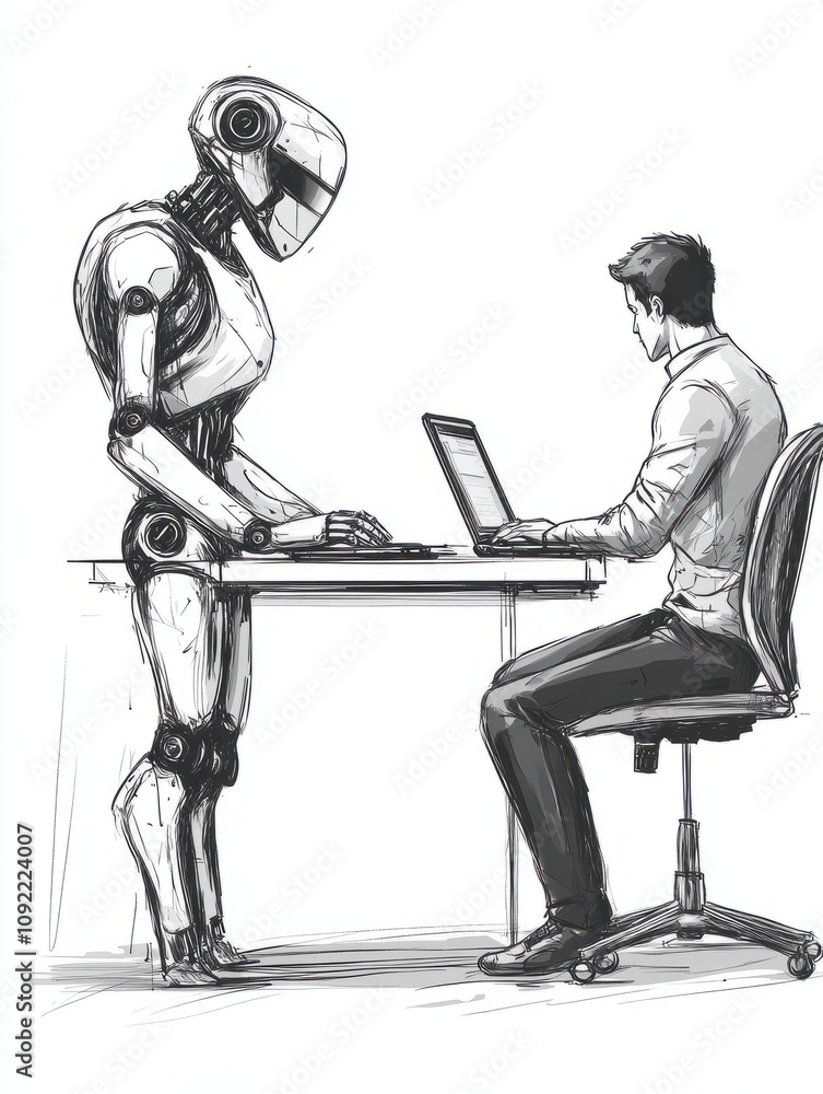 Poster robot vs man. human humanoid robot work with laptops at desk. artificial intelligence, employees rep