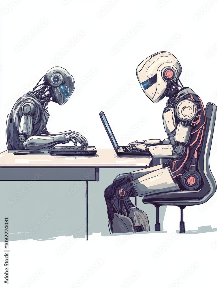 Aufkleber robot vs man. human humanoid robot work with laptops at desk. artificial intelligence, employees rep
