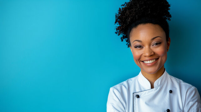 Chef proudly smiles by a blue wall, showcasing culinary passion
