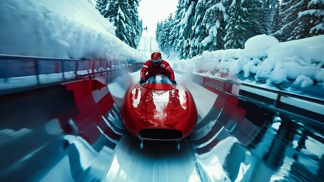 A thrilling ride down a bobsled track showcases the speed and skill of the athlete as they navigate the twists and turns. Surrounded by breathtaking snowy landscapes, the action unfolds.