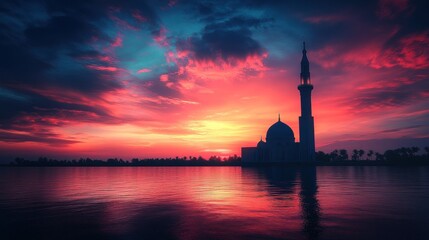 Vibrant sunrise over a serene mosque by the water.
