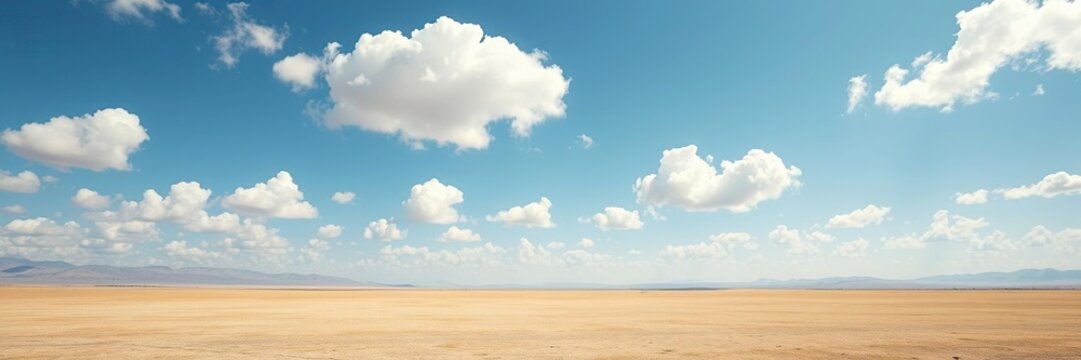 A vast open landscape under a brilliant clear blue sky with white clouds drifting lazily across it, rolling hills, gentle movement, clear blue sky