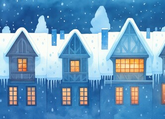 Fototapeta premium Charming winter scene with cozy houses, illuminated windows, and snow-covered rooftops, creating a magical atmosphere.
