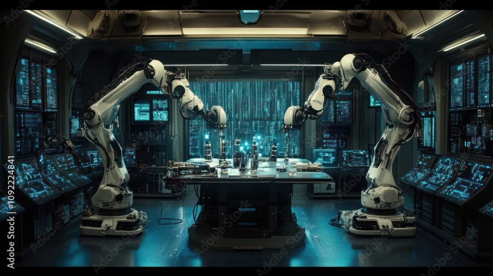 Poster Robotic Arms Working in Futuristic Laboratory Setting