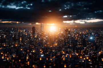 Fototapeta premium glowing cityscape at dusk with vibrant lights and dramatic sky
