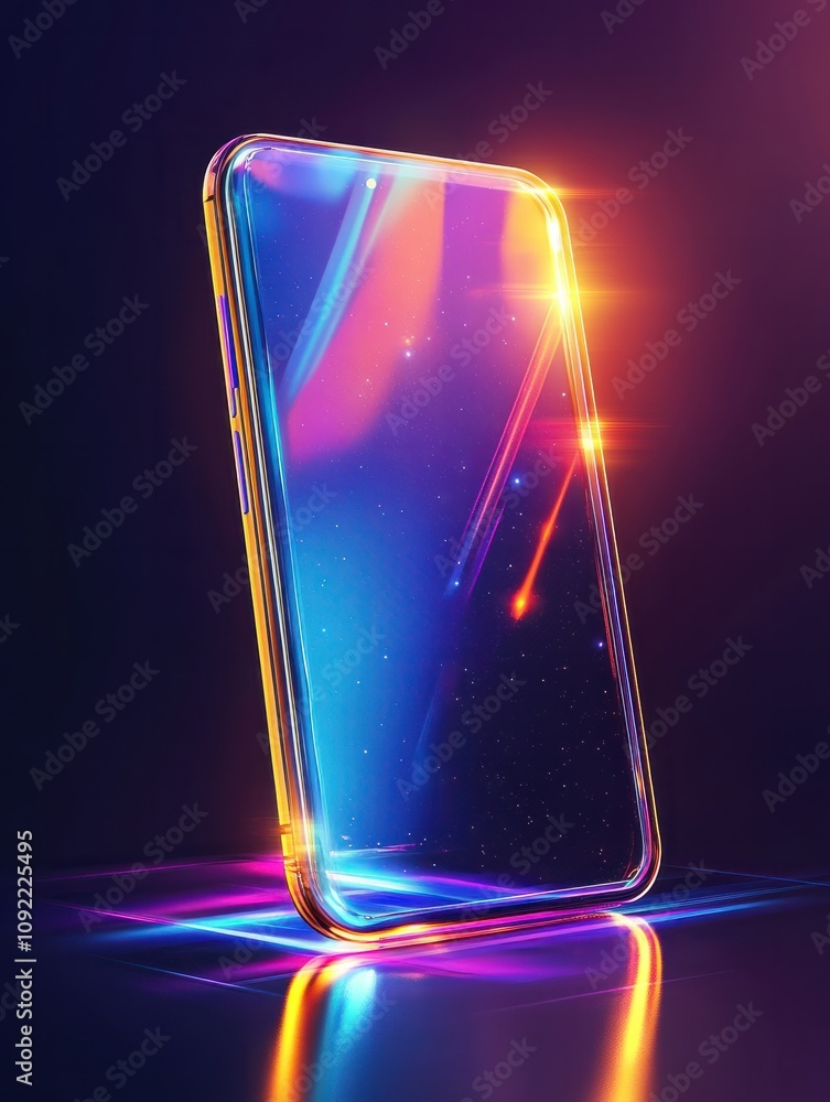 Poster smartphone with digital screen hologram. composition smart object and smart technology design. graph