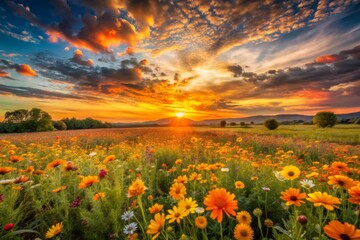 Fototapeta premium Breathtaking Panoramic View of a Vibrant Sunset Over a Colorful Field of Flowers with a Sky Filled with Warm Hues of Orange and Yellow, Creating a Serene and Picturesque Landscape