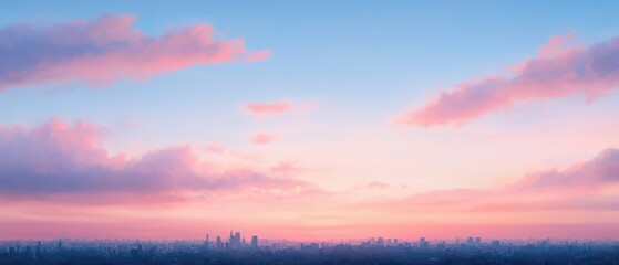 Obraz premium Serene sunset over city skyline, blending pastel colors of pink and blue with soft clouds.