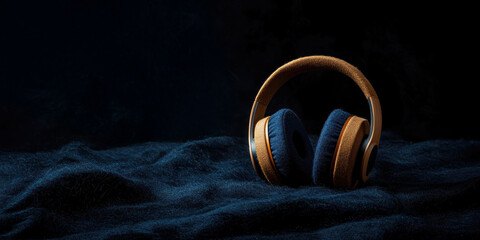 Fototapeta premium Stylish headphones resting on a dark fabric surface, perfect for music lovers.