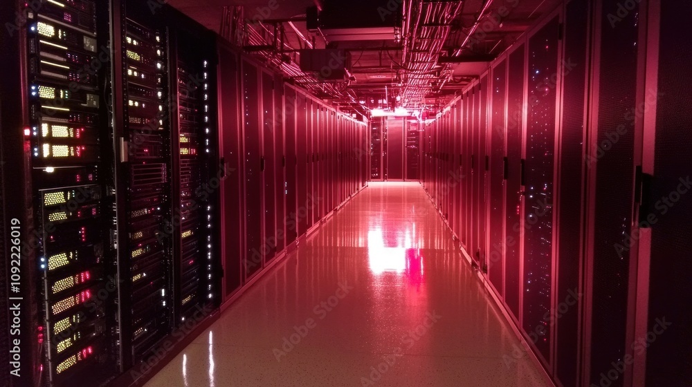 Poster illuminated server room corridor servers network technology