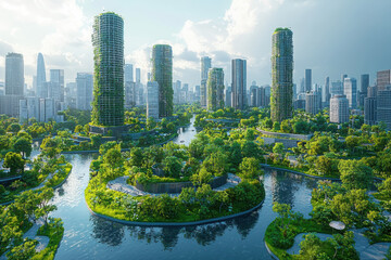 Obraz premium Exploring sustainable innovation futuristic eco-friendly skyscrapers in a green urban oasis