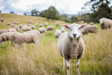 Obraz premium Curious sheep in lush green field with flock under cloudy sky in countryside