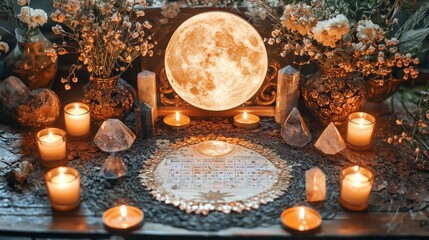 Fototapeta premium Moon phase altar with candles crystals and calendar layout