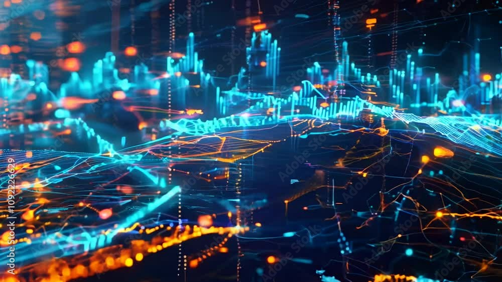 Poster Dynamic graphics illustrate the flow of data in vibrant colors, highlighting fluctuations and trends in technology. The visual representation embodies the energy of innovation and progress.