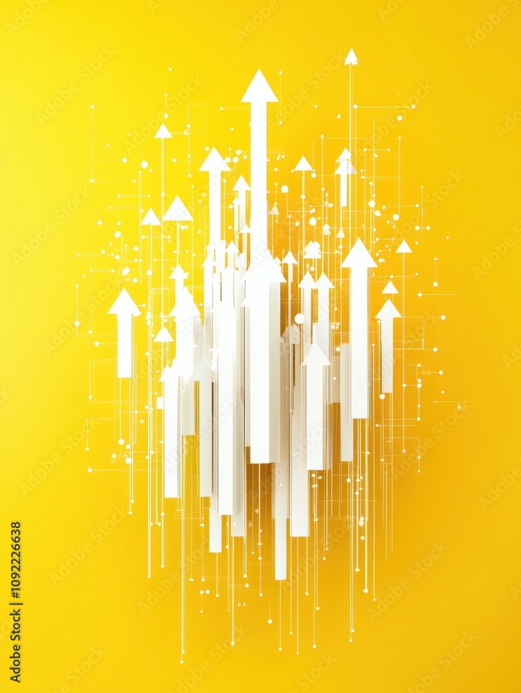 Poster start up and idea concept with white growing arrows, plus signs, pixel symbols and lines on abstract