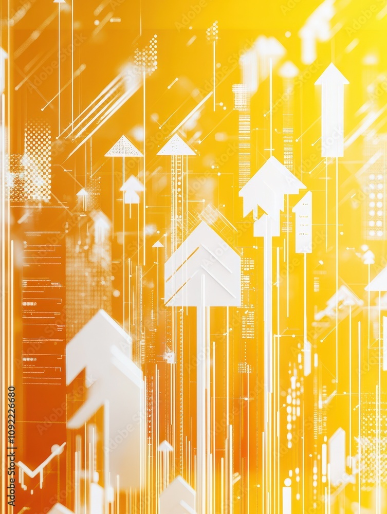 Poster start up and idea concept with white growing arrows, plus signs, pixel symbols and lines on abstract