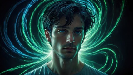 Moody portrait of a man with glowing green light trails and an introspective expression