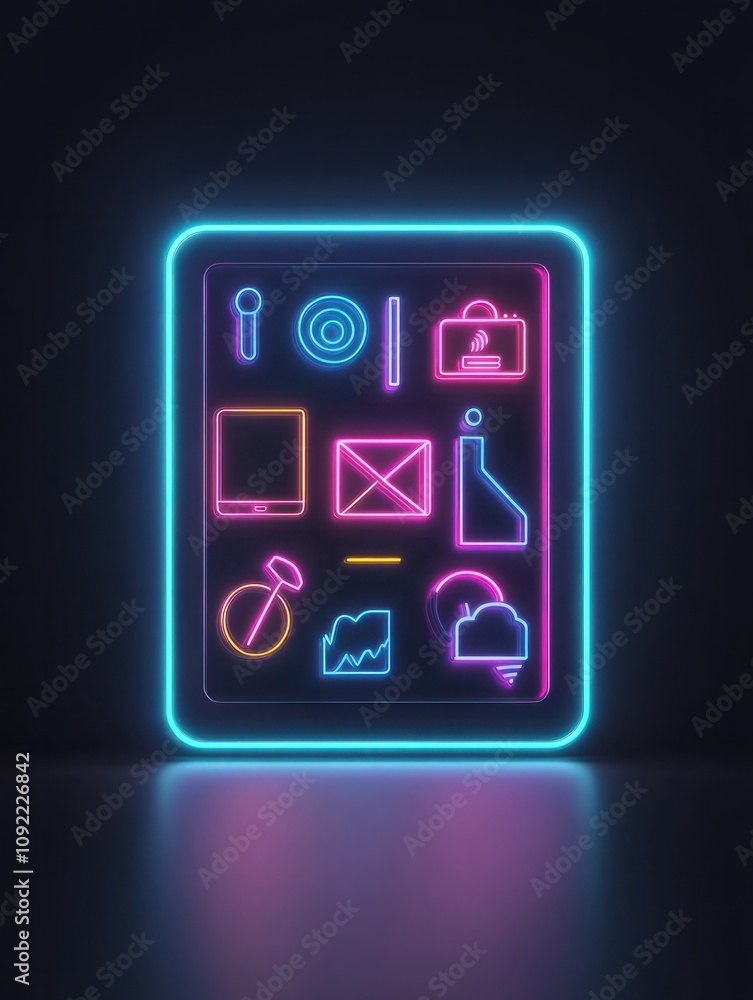 Poster tablet neon icon. elements of internet things set. simple icon for websites, web design, mobile app,