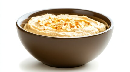 Creamy Hummus in a Brown Bowl on White Background - Delicious Middle Eastern Chickpea Dip with Olive Oil and Garlic