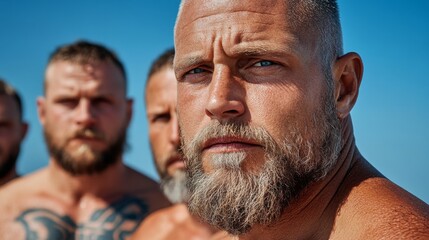 Fototapeta premium Group of muscular men posing confidently at the beach with clear blue skies in the background during a sunny day