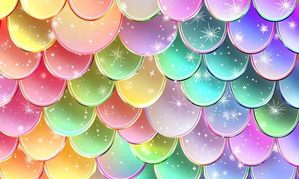 Abstract iridescent pattern of overlapping scales in pastel pink, yellow, green and blue colors with white sparkles on a seamless background.