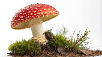 Close-up of fly agaric red mushroom isolated on white background, Amanita Muscaria, Mushroom Macro Photography, Red Cap Fungus, Fly Agaric Mushroom