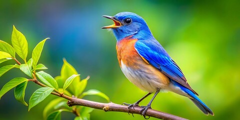 Obraz premium Captivating Portrait of a Blue Bird Singing Melodiously on a Branch Surrounded by Lush Greenery and Soft Natural Light for Nature Enthusiasts and Wildlife Photography Lovers