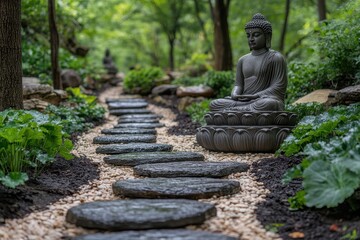 Obraz premium Photo of a Stone Path Leading to an Outdoor Buddha Statue