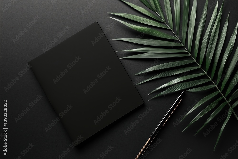 Poster elegant minimalist notebook with green palm leaf and pen by generative ai photo