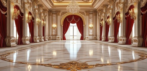 A grand royal golden hall with chandeliers, polished floor, red velvet curtains. Marble floors. Gold decor.