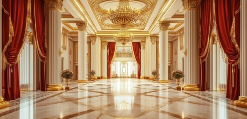 A grand royal golden hall with chandeliers, polished floor, red velvet curtains. Marble floors. Gold decor.