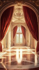 A grand royal golden hall with chandeliers, polished floor, red velvet curtains. Marble floors. Gold decor. Vertical photo