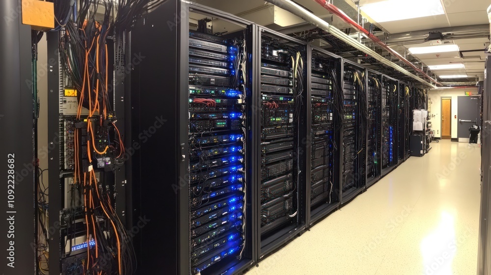 Aufkleber server room with multiple racks of network equipment