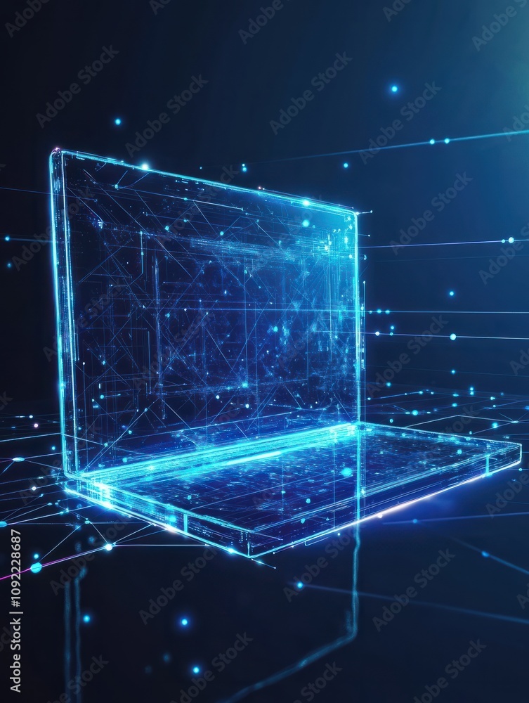 Poster wide computer icon hologram on dark blue background. digital transformation concept. 3d rendering