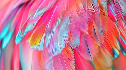 Vibrant feather pattern, detailed textures, bright colors, avian kaleidoscope, Macro lens transforms plumage into an abstract tapestry of iridescent micro-structures, Hyperrealistic rendering