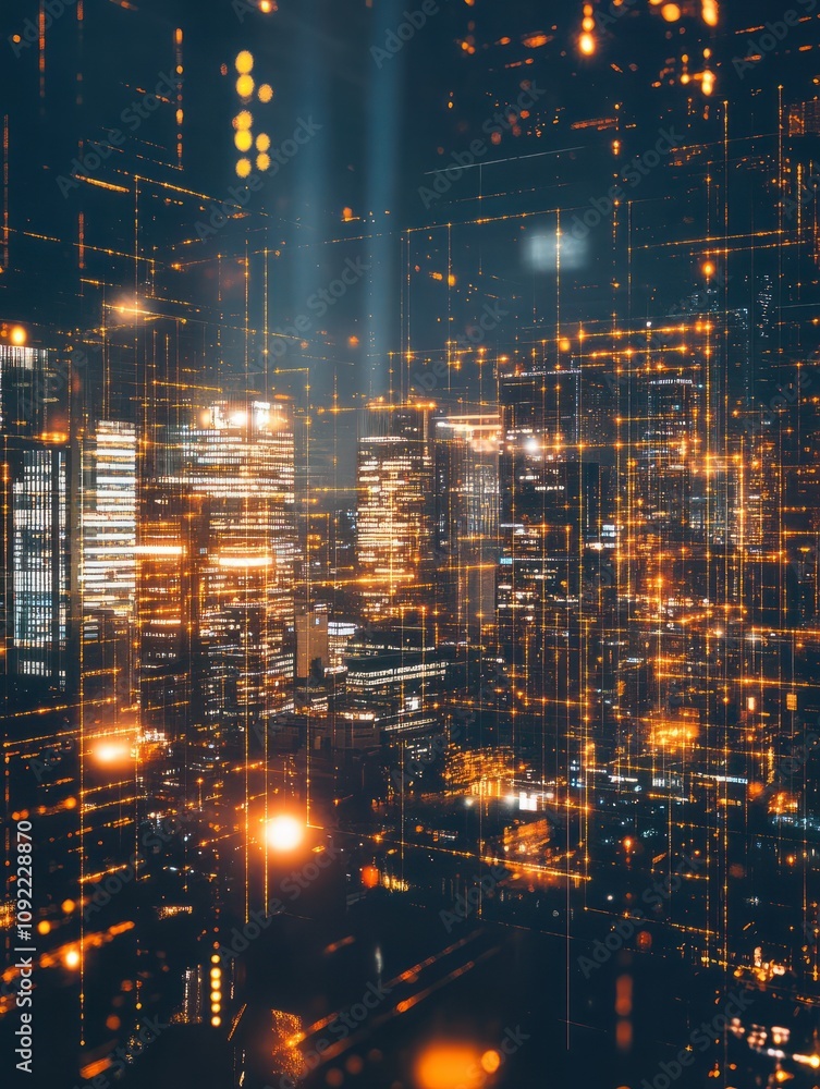 Poster wide image of abstract city background with digial grid and mesh. web, network, map and information 