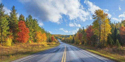 A scenic country road lined with colorful autumn trees, inviting viewers to take a drive through the season.