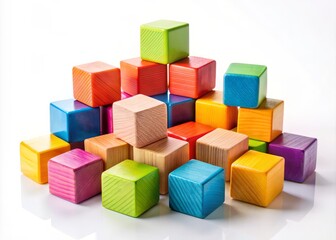 Obraz premium Colorful Wooden Toy Cubes Arranged on a Bright White Background for Playful and Educational Imagery in Children's Decor and Learning Resources