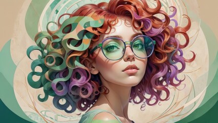 Obraz premium Stylish portrait of a woman with vibrant curly hair, oversized glasses, and abstract background