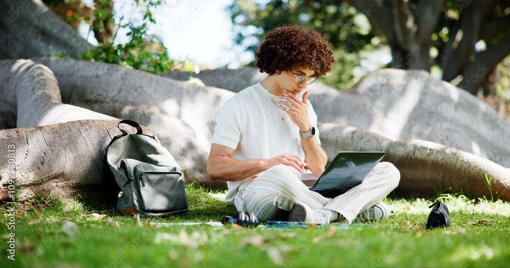 Aufkleber man, student and laptop for studying at park, lawn and reading with project for online course. perso