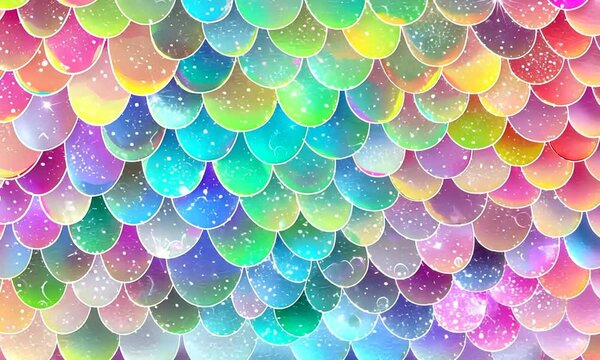 Pastel mermaid scales background with glitter and iridescent effect.