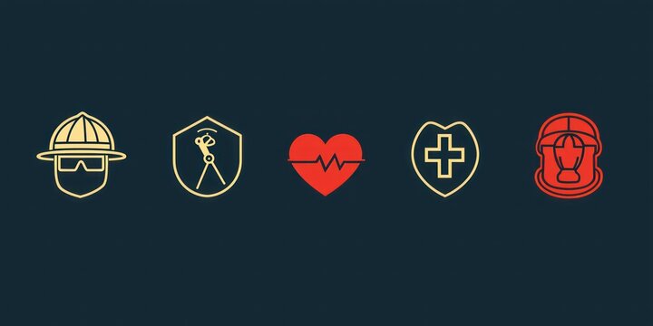 A simple thank you card design featuring icons of first responder roles (firefighter helmet, medical cross, police badge) and a heart.